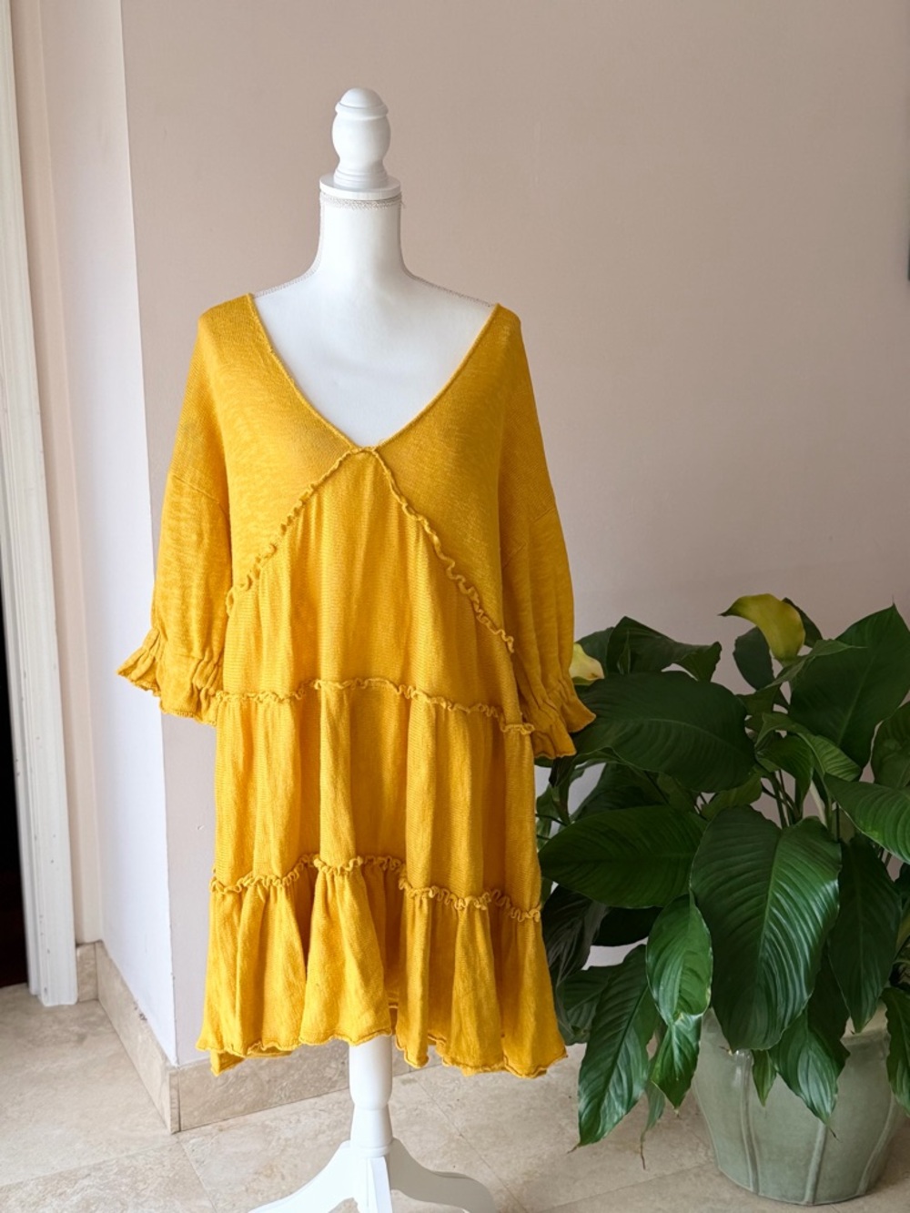 Free People Yellow Boho Flowy Tiered Long Sleeve Dress Summer FP Beach Medium
